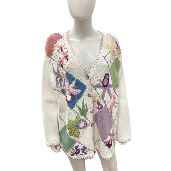 VTG Handknits By Storybook Knits Cardigan Women’s SZ 2X Flowers Beads Multicolor - Picture 1 of 7